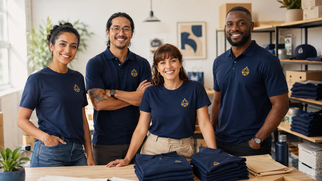 Small business team wearing coordinated branded apparel