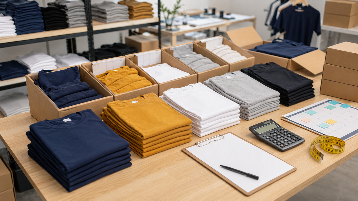 Organized stacks and boxes of custom T-shirts prepared for a bulk order