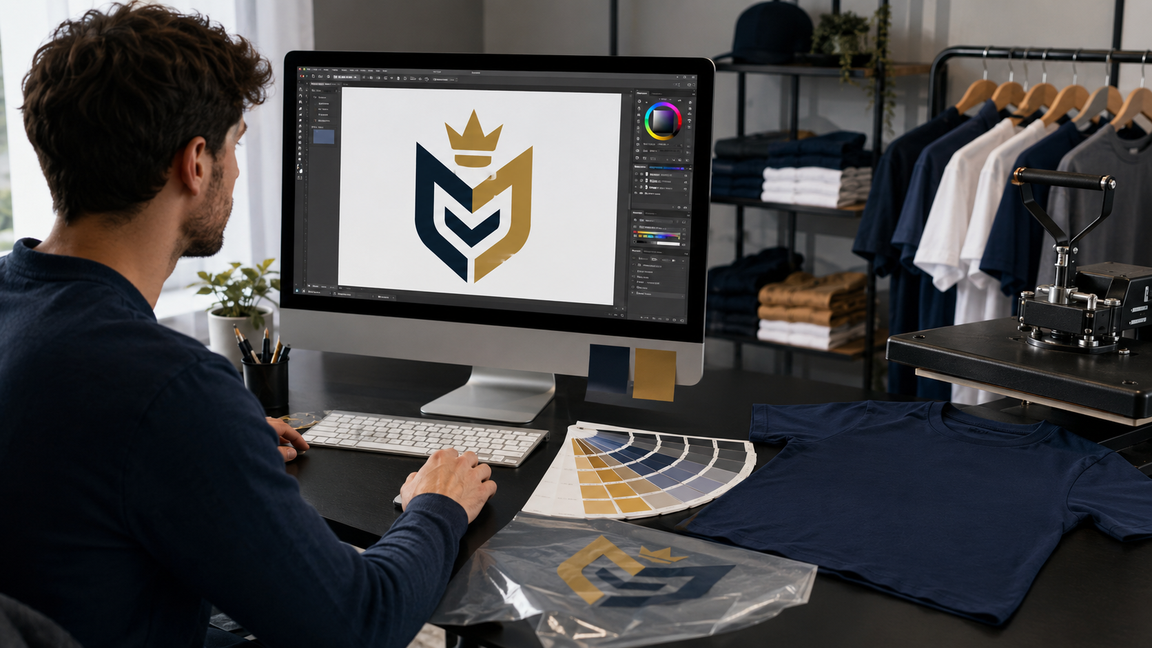 Designer preparing print-ready artwork for custom apparel production