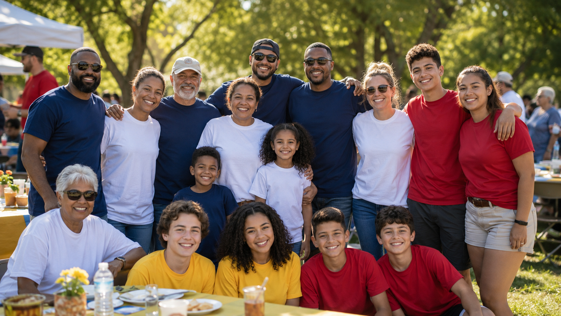 Multigenerational group wearing matching custom shirts at an outdoor event