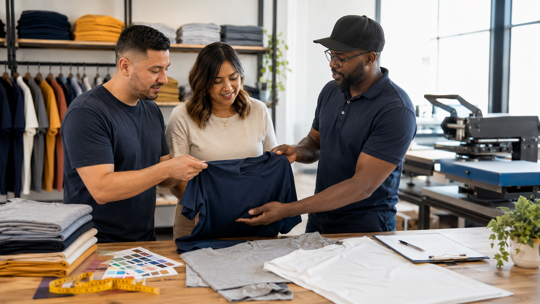 Customers reviewing a custom printed T-shirt at a local apparel studio