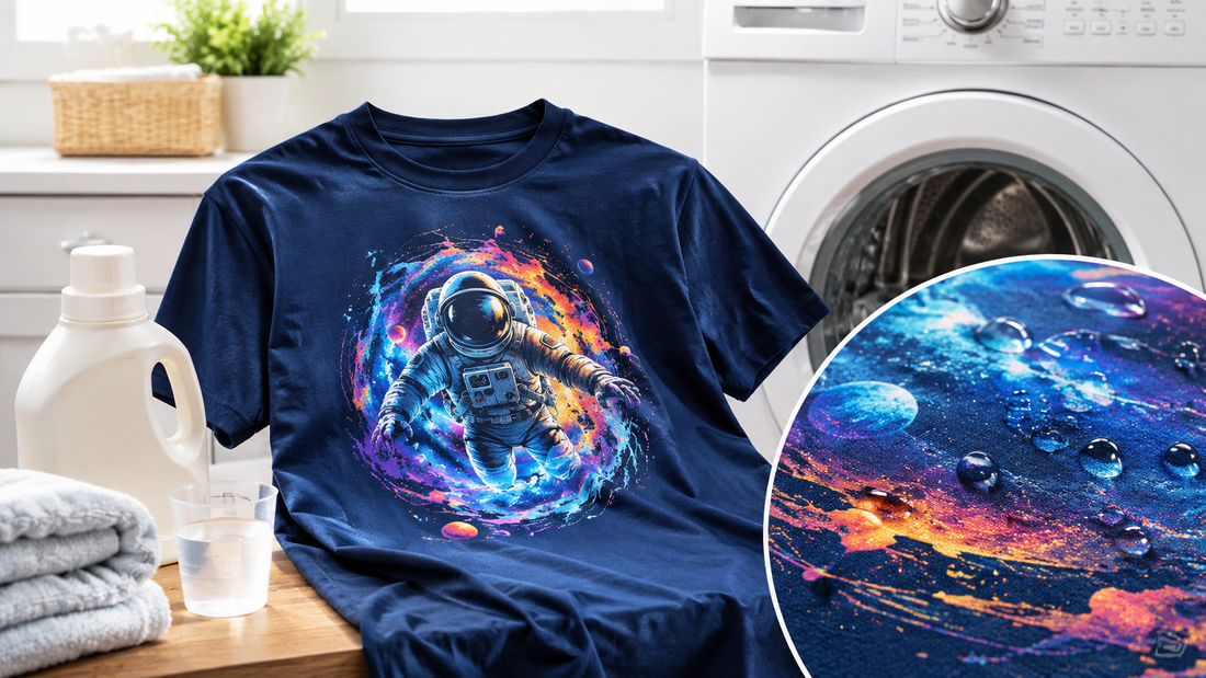 Graphic T-shirt beside laundry supplies for a DTF print durability and care guide