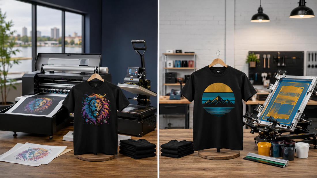DTF printing and screen printing methods compared in a professional apparel studio
