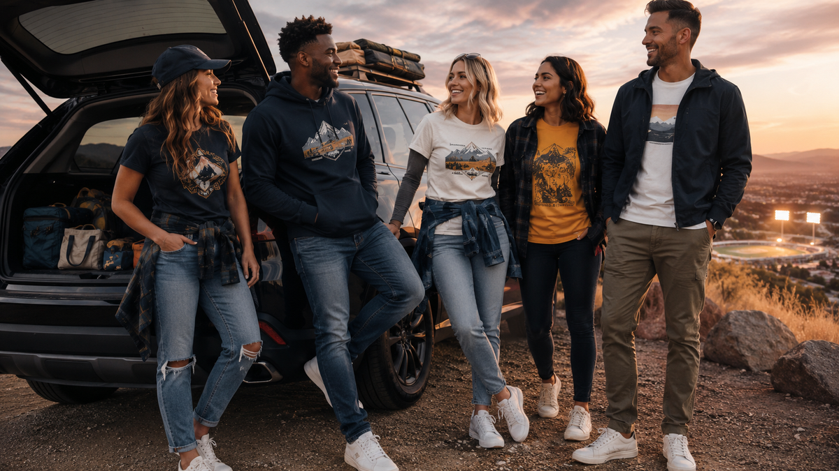Friends styling graphic apparel for a casual event weekend