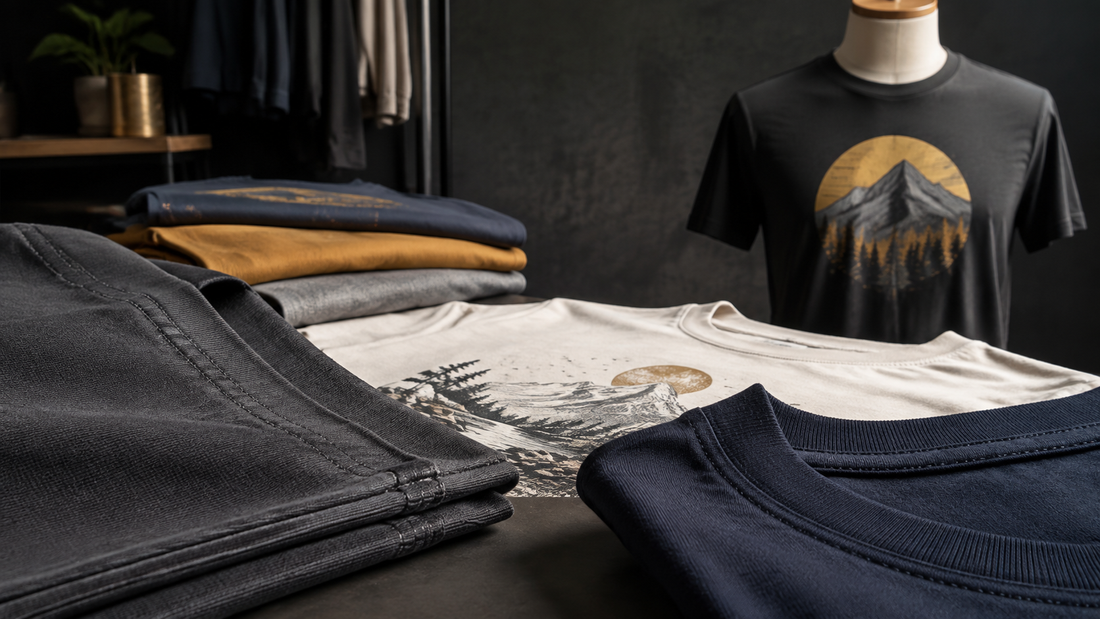 Close-up of premium graphic T-shirt fabric, stitching, and print details