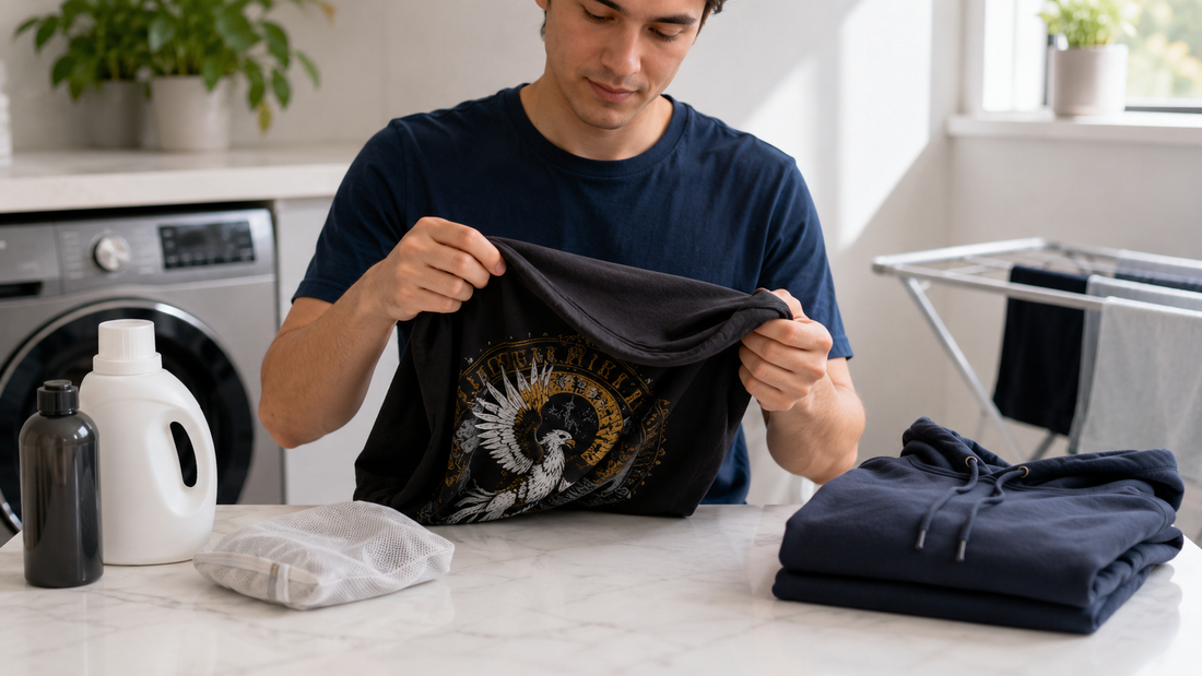 Person turning a graphic shirt inside out before washing