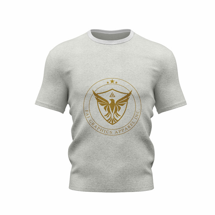 Faj Graphics FOCUS T-Shirt in heather gray, front view with gold eagle crest logo - Faj Graphics Apparel