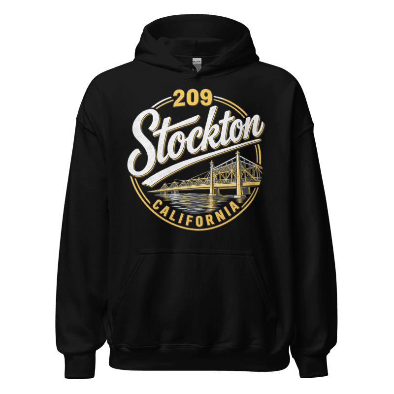 209 Stockton California black hoodie relaxed front view