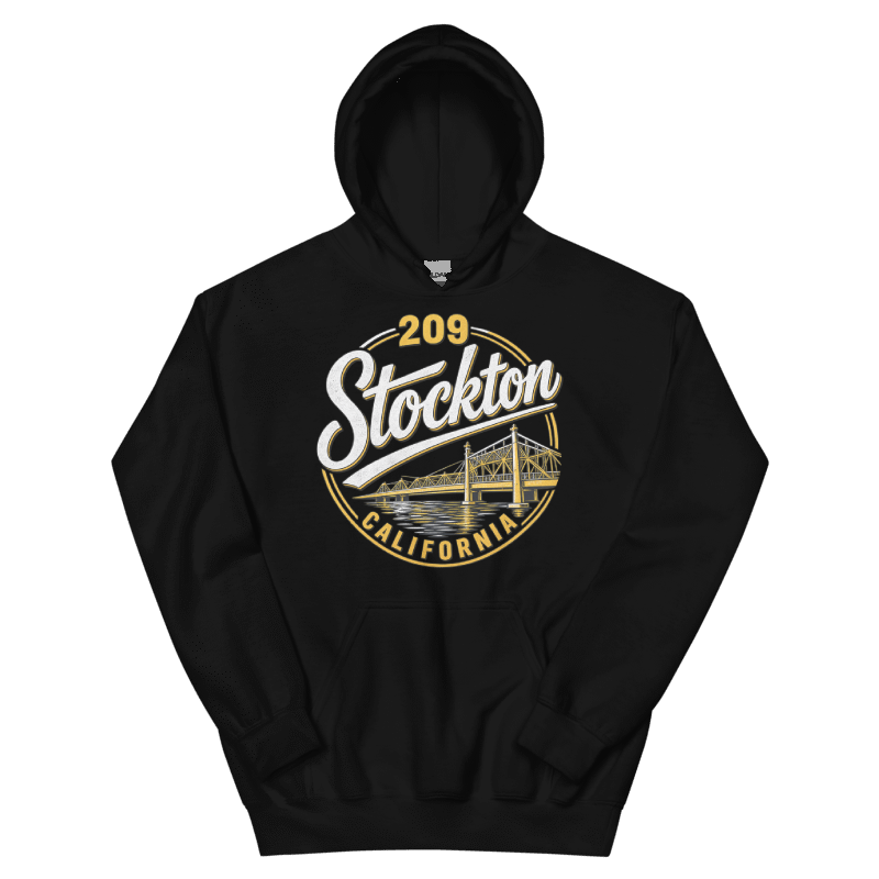 209 Stockton California black hoodie front view