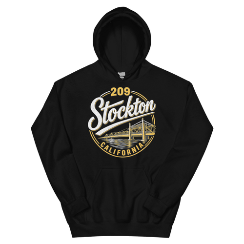 209 Stockton California black hoodie front view