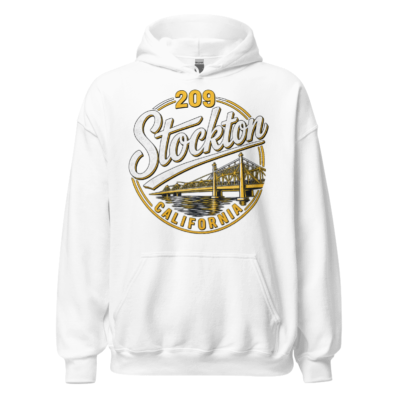 209 Stockton California white hoodie front view