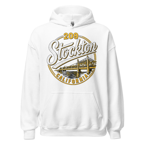209 Stockton California white hoodie front view