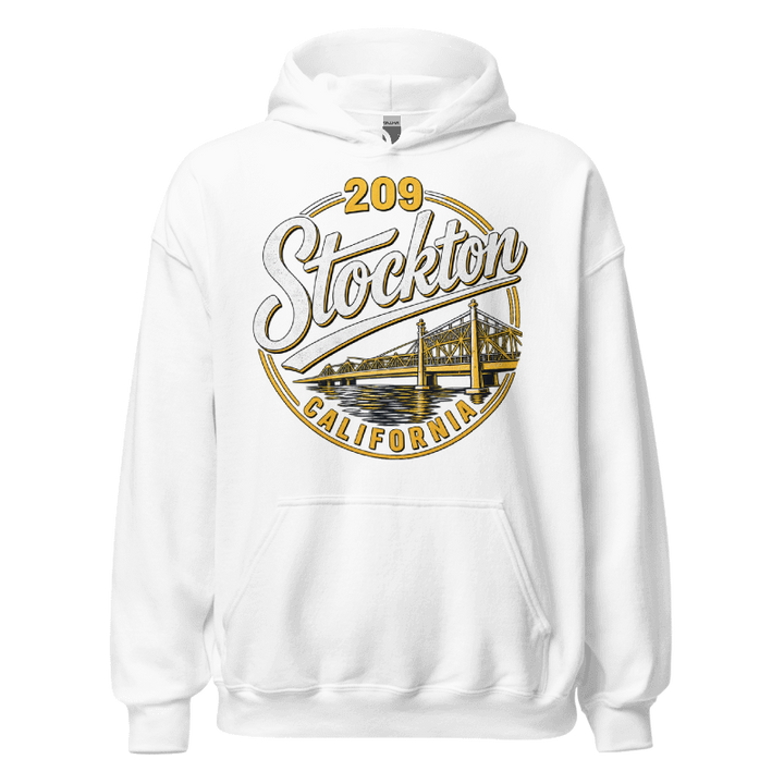 209 Stockton California white hoodie front view