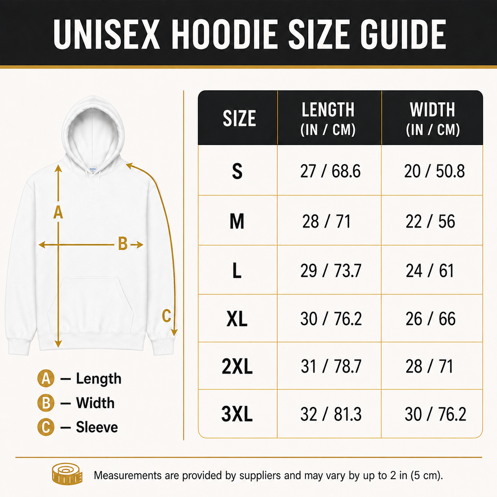 Unisex hoodie size guide S through 3XL with inches and centimeters