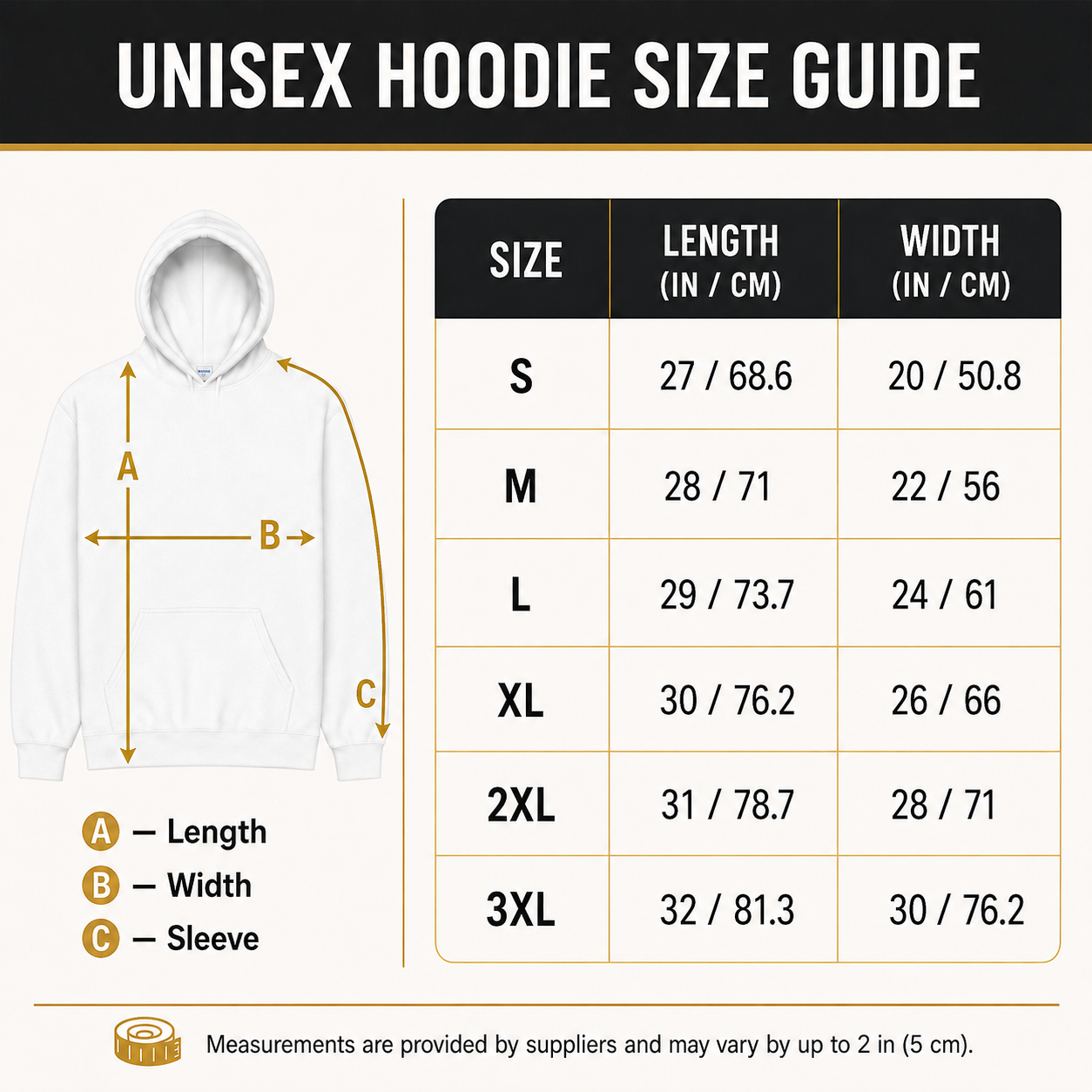 Unisex hoodie size guide S through 3XL with inches and centimeters