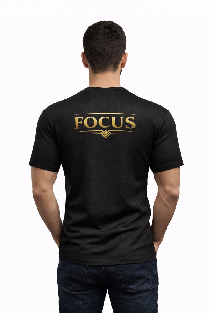 Faj Graphics FOCUS T-Shirt in black, worn by a model, back view with FOCUS print - Faj Graphics Apparel
