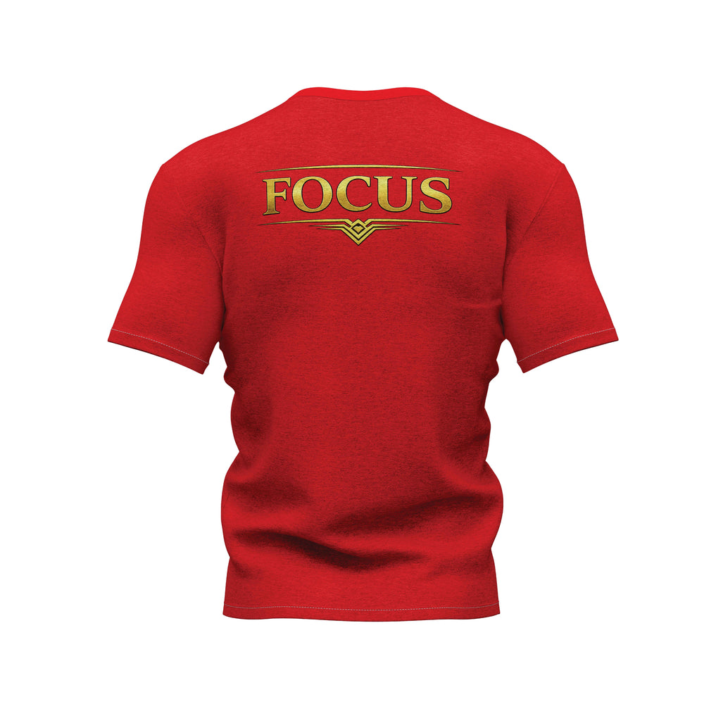 Faj Graphics FOCUS T-Shirt in red, back view with FOCUS print - Faj Graphics Apparel