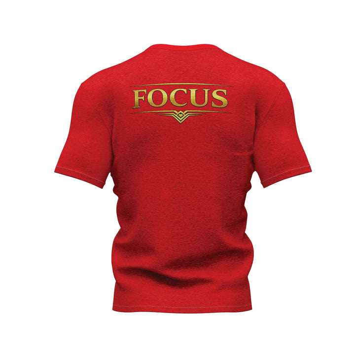 Faj Graphics FOCUS T-Shirt in red, back view with FOCUS print - Faj Graphics Apparel