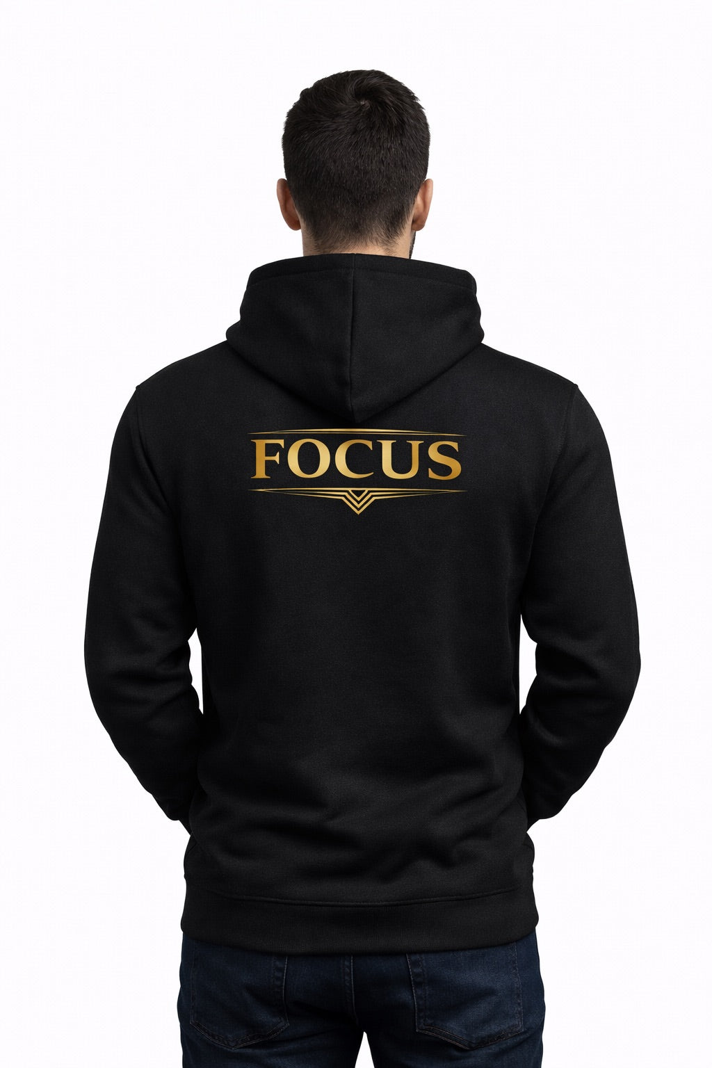 Black FOCUS Hoodie back view with large statement print