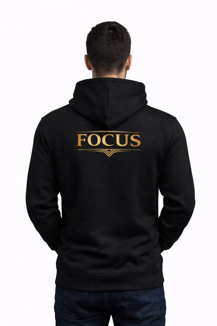 Black FOCUS Hoodie back view with large statement print