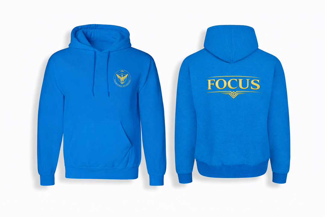 Royal blue FOCUS Hoodie front and back product layout