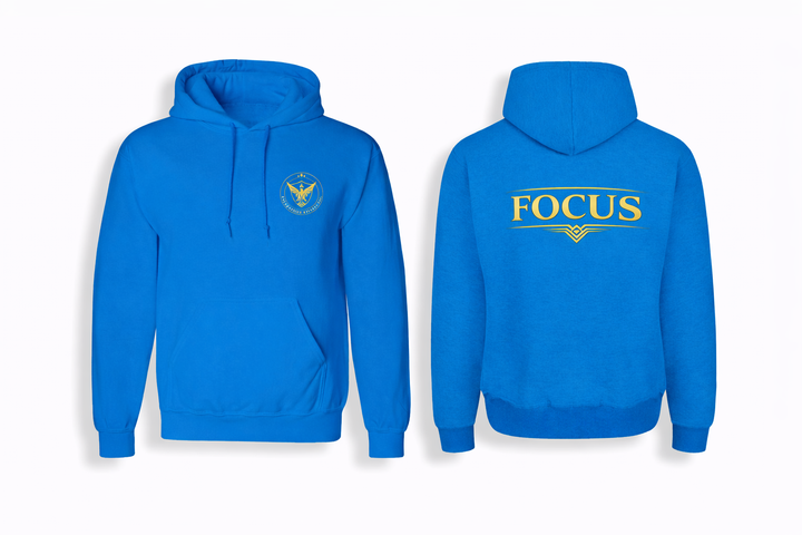 Royal blue FOCUS Hoodie front and back product layout