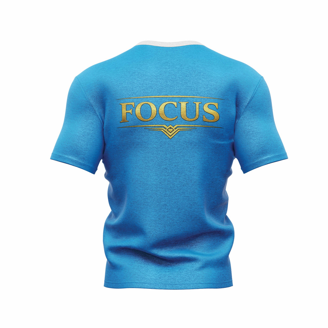 Faj Graphics FOCUS T-Shirt in blue, back view with FOCUS print - Faj Graphics Apparel