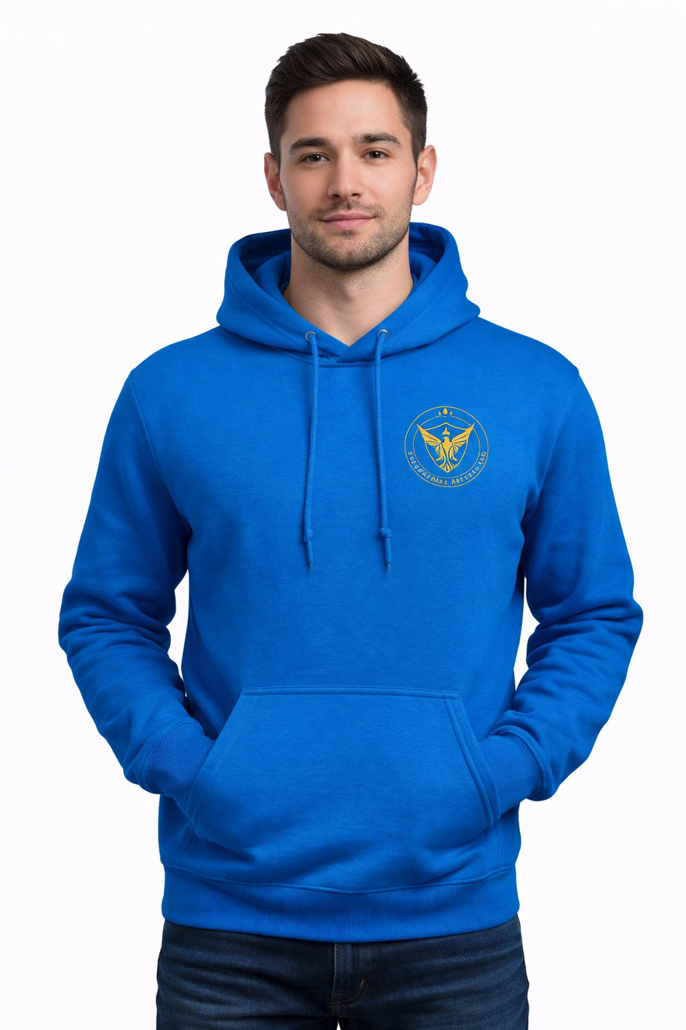 Royal blue FOCUS Premium Hoodie front view with gold eagle crest