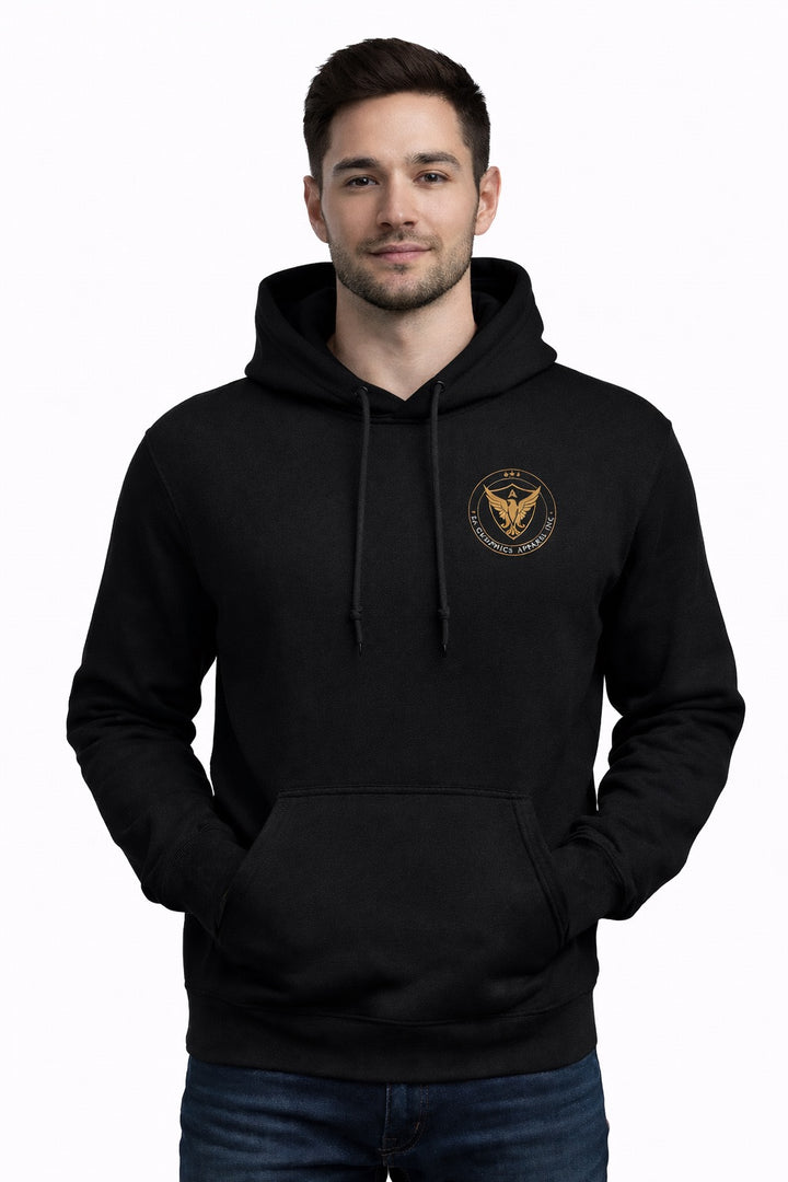 Black FOCUS Premium Hoodie front view with gold eagle crest