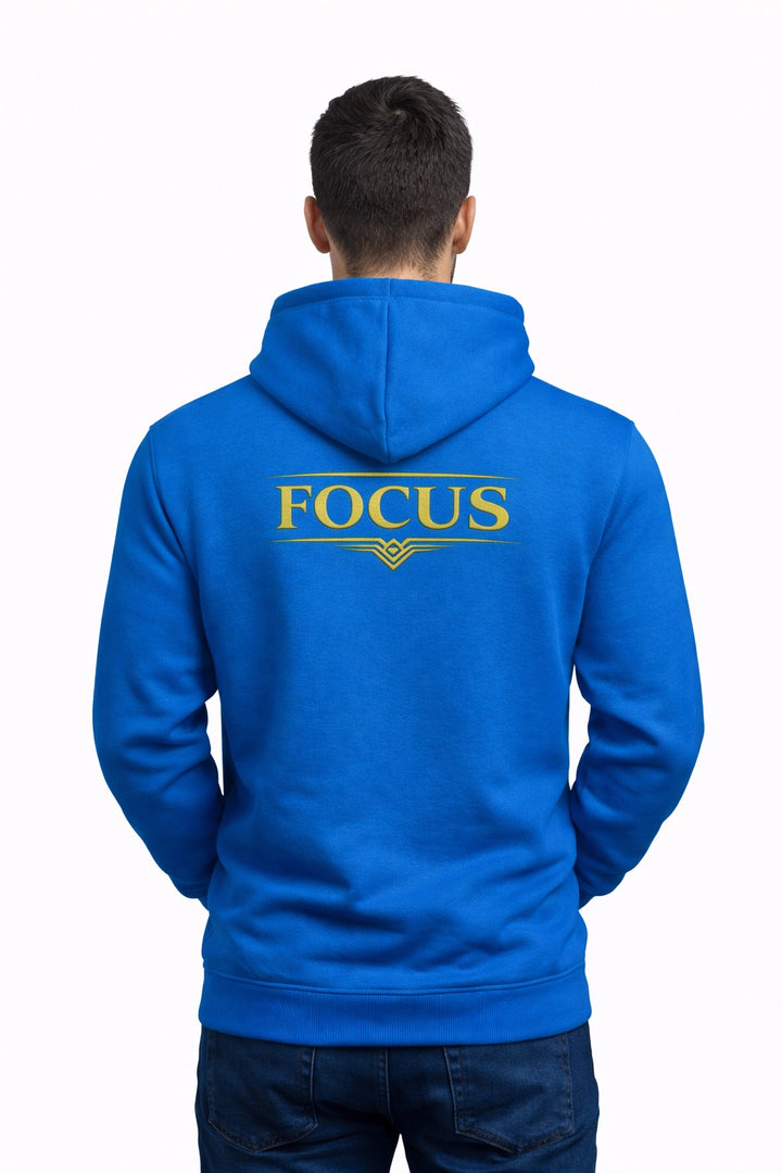 Royal blue FOCUS Hoodie back view showing the FOCUS print