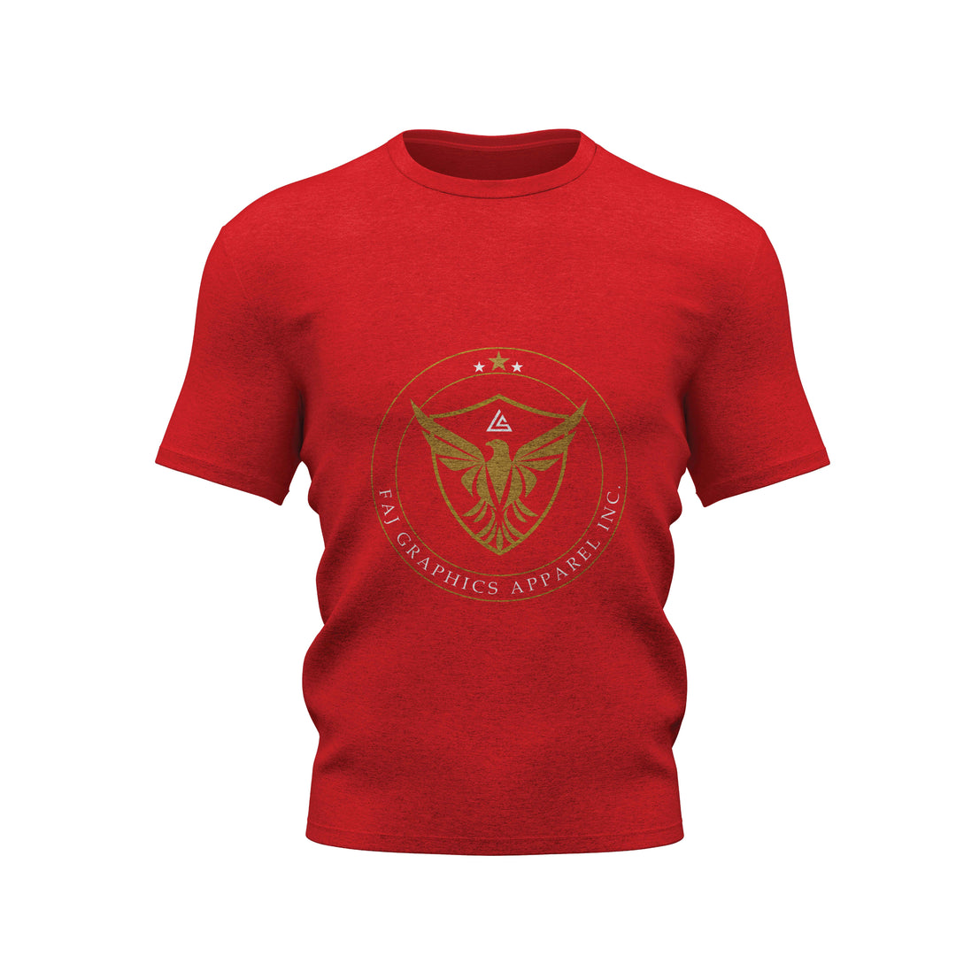 Faj Graphics "FOCUS" red t-shirt with gold eagle crest logo - custom DTF printed apparel