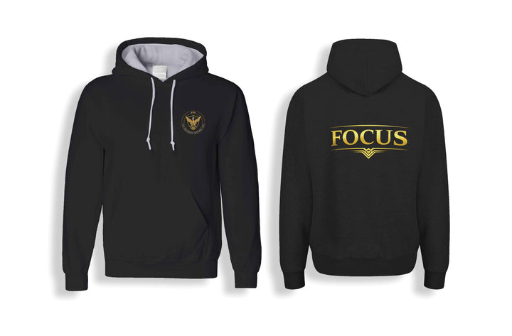 Black FOCUS Hoodie front and back flat lay showing the back graphic