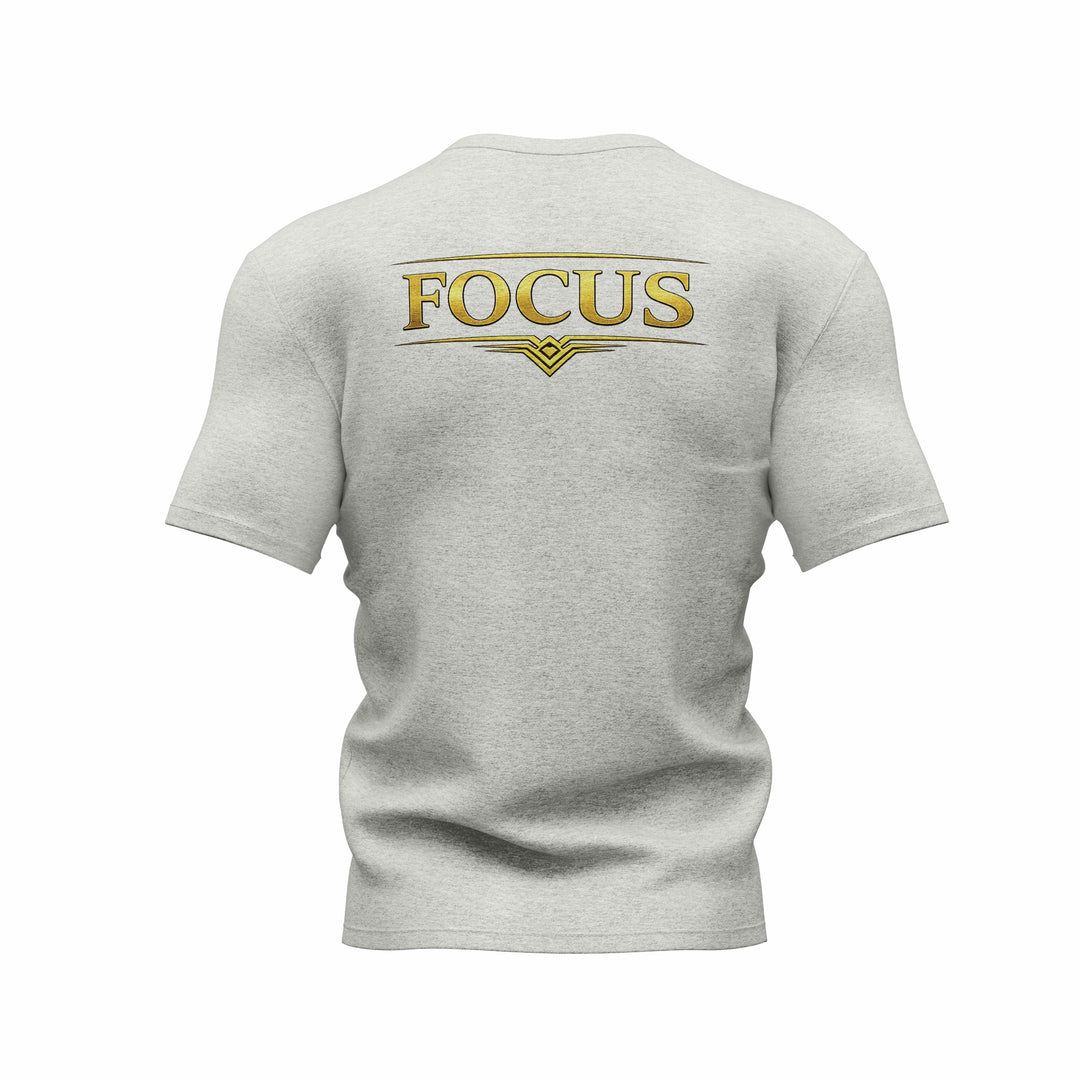 Faj Graphics FOCUS T-Shirt in heather gray, back view with FOCUS print - Faj Graphics Apparel