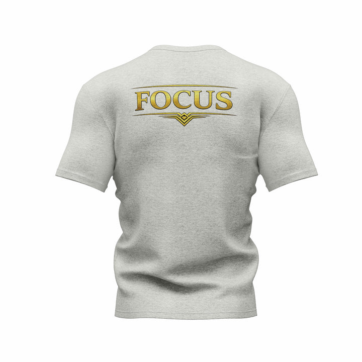 Faj Graphics FOCUS T-Shirt in heather gray, back view with FOCUS print - Faj Graphics Apparel