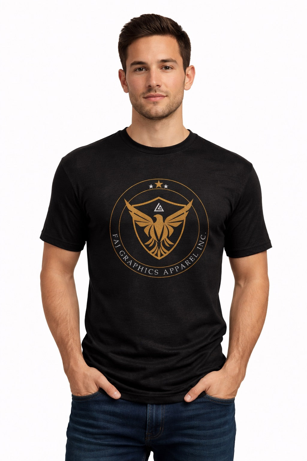 Faj Graphics FOCUS T-Shirt in black, worn by a model, front view with gold eagle crest logo - Faj Graphics Apparel