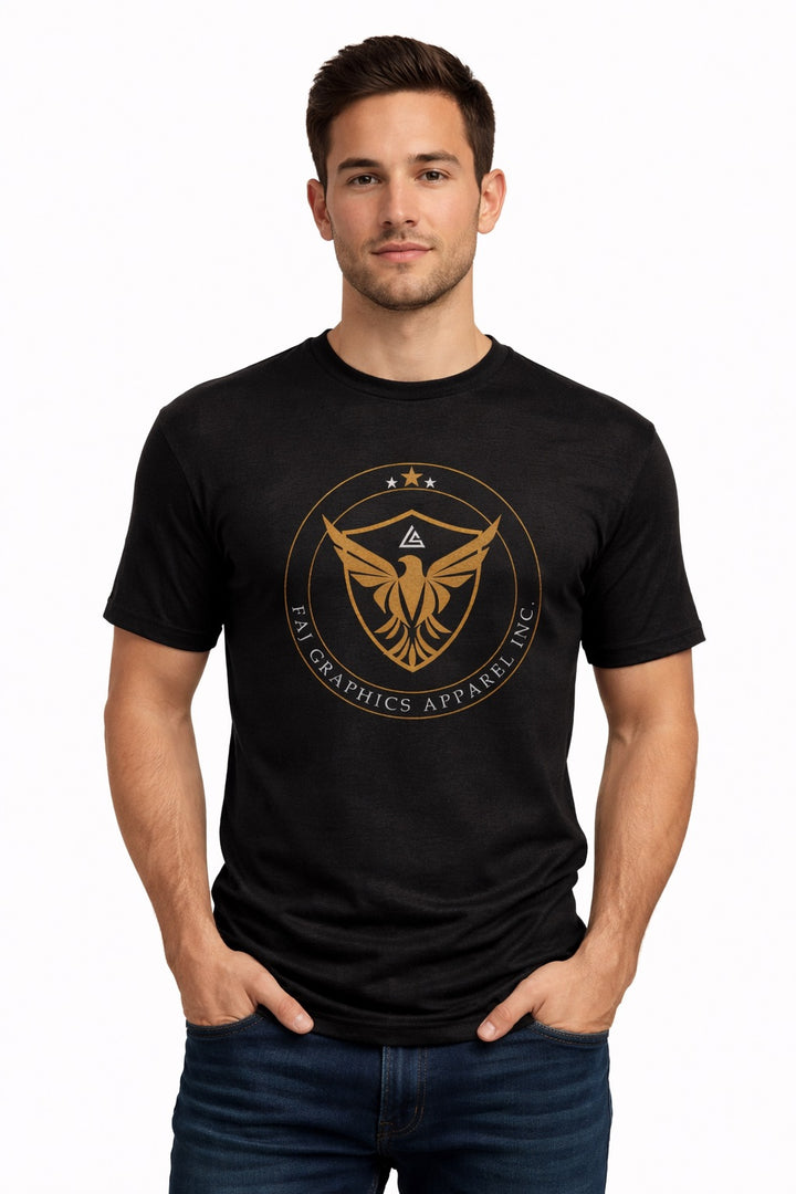Faj Graphics FOCUS T-Shirt in black, worn by a model, front view with gold eagle crest logo - Faj Graphics Apparel