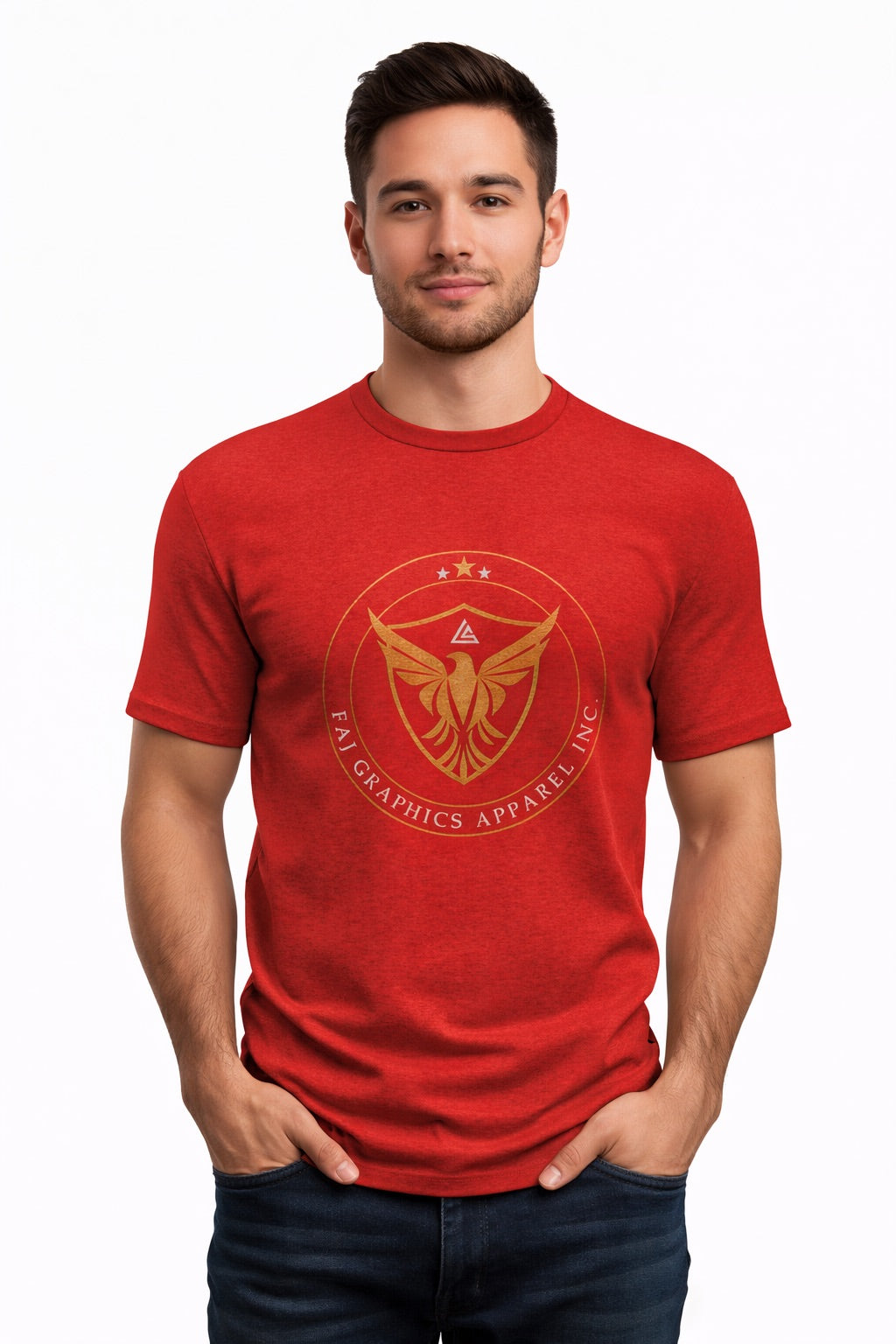 Faj Graphics FOCUS T-Shirt in red, front view with gold eagle crest logo - Faj Graphics Apparel