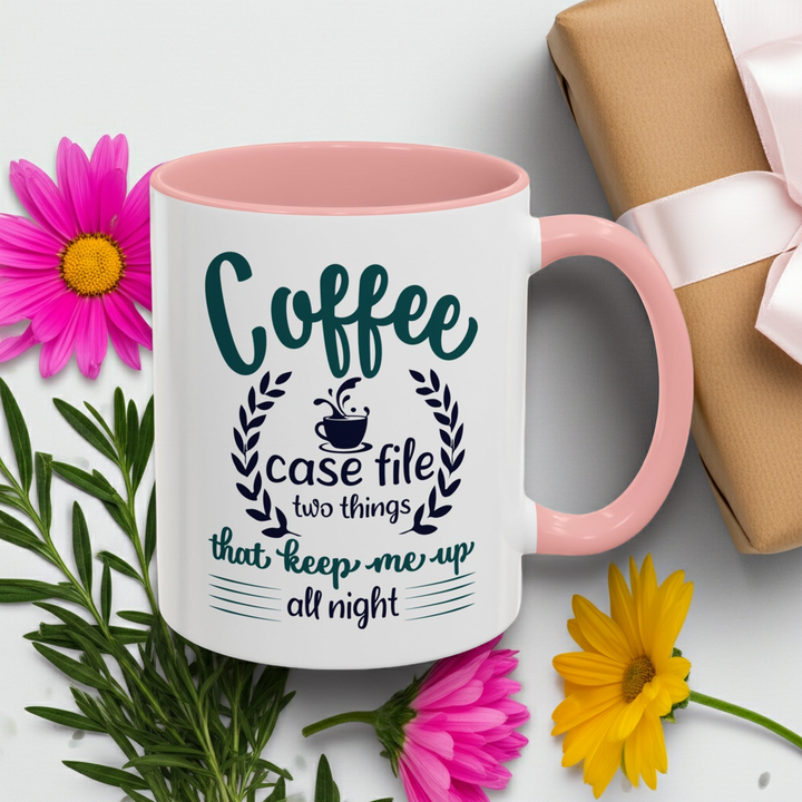 Coffee Case File Mug with pink handle and interior, styled with pink flowers and a wrapped gift box - Faj Graphics Apparel
