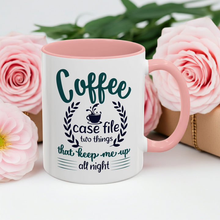 Coffee Case File Mug with pink handle and interior, styled with pink roses in the background - Faj Graphics Apparel