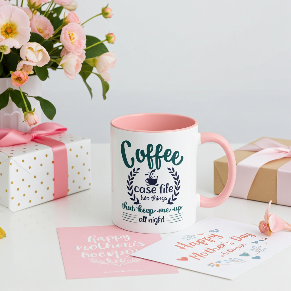 Coffee Case File Mug with pink handle and interior, styled with flowers, gift boxes, and Happy Mother&