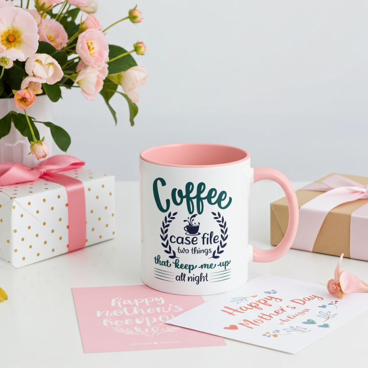 Coffee Case File Mug with pink handle and interior, styled with flowers, gift boxes, and Happy Mother&