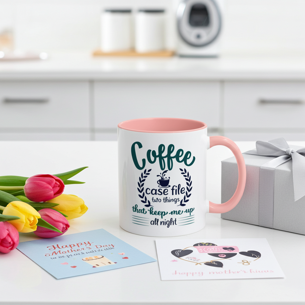 Coffee Case File Mug with pink handle and interior, styled on a kitchen counter with tulips and Mother&