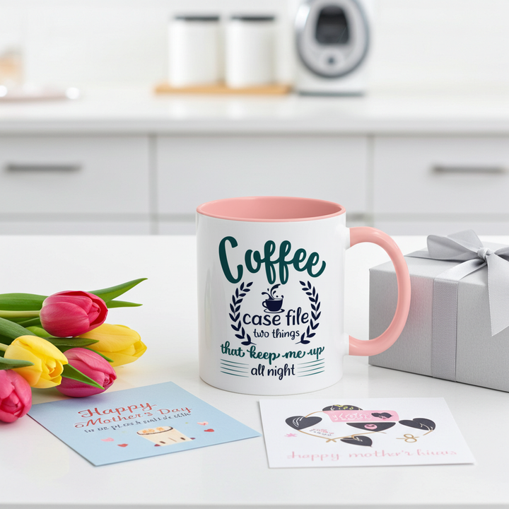 Coffee Case File Mug with pink handle and interior, styled on a kitchen counter with tulips and Mother&