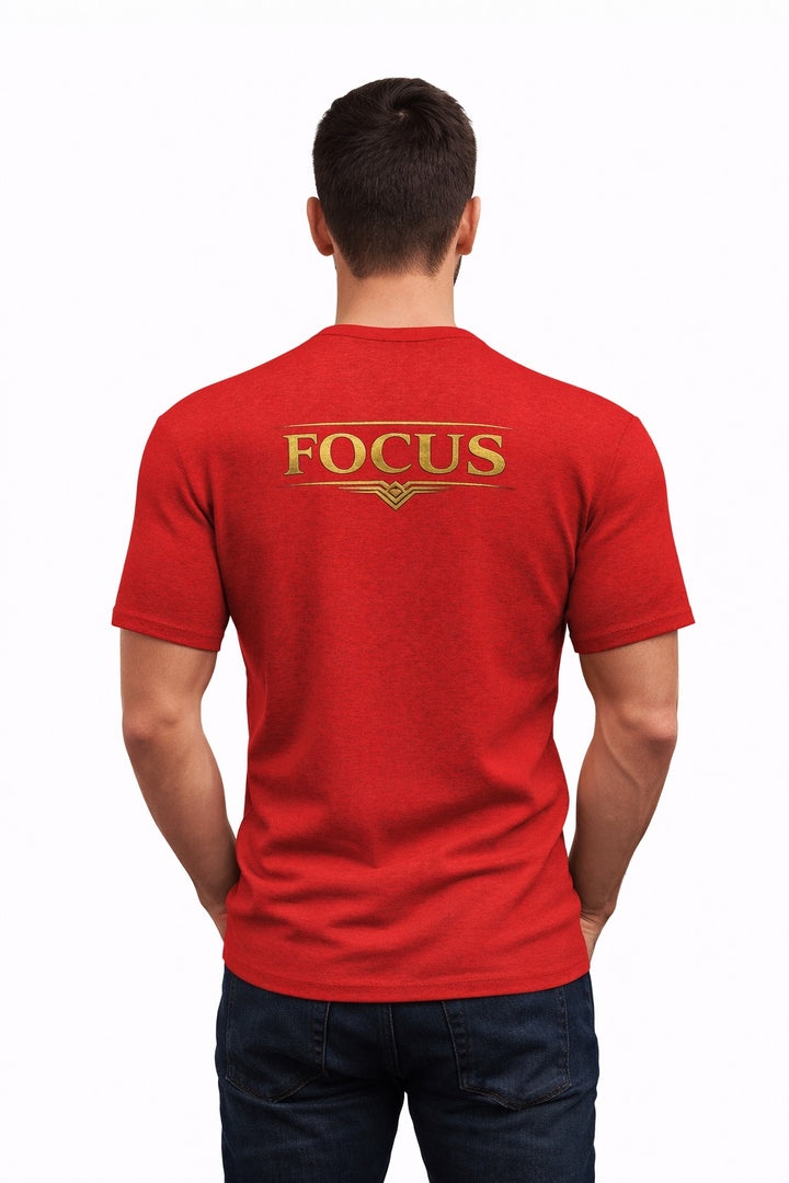 Faj Graphics FOCUS T-Shirt in red, worn by a model, back view with FOCUS print - Faj Graphics Apparel
