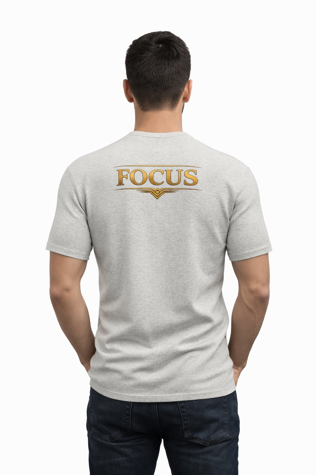 Faj Graphics FOCUS T-Shirt in heather gray, worn by a model, back view with FOCUS print - Faj Graphics Apparel