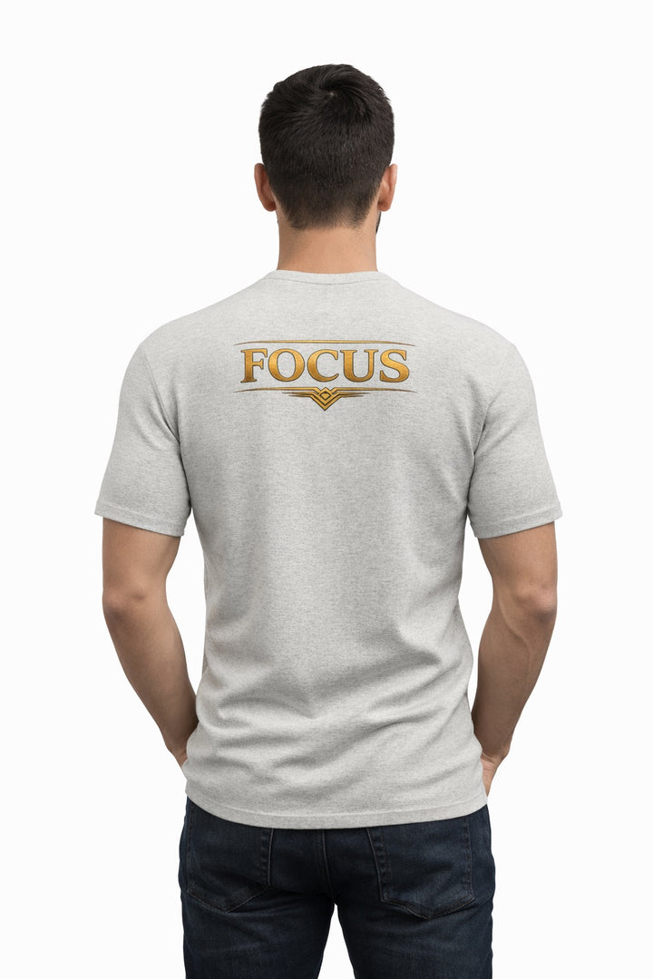 Faj Graphics FOCUS T-Shirt in heather gray, worn by a model, back view with FOCUS print - Faj Graphics Apparel