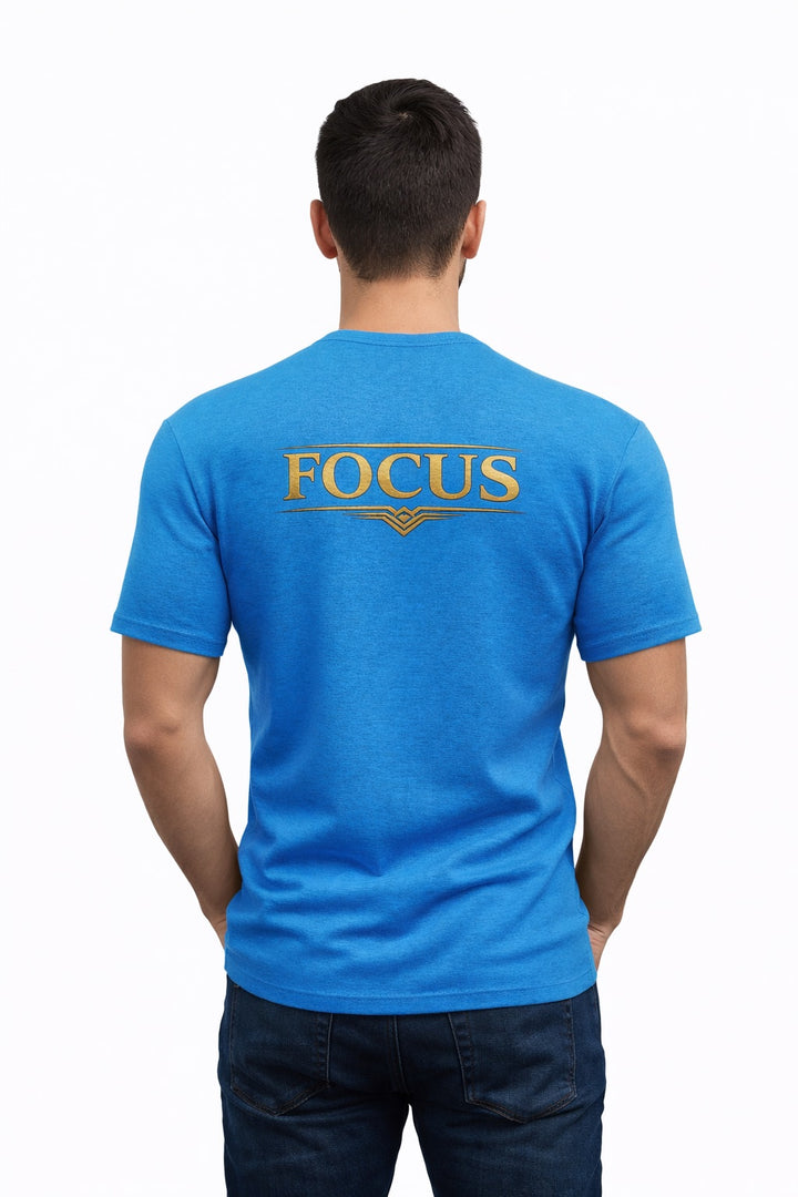 Faj Graphics FOCUS T-Shirt in blue, worn by a model, back view with FOCUS print - Faj Graphics Apparel