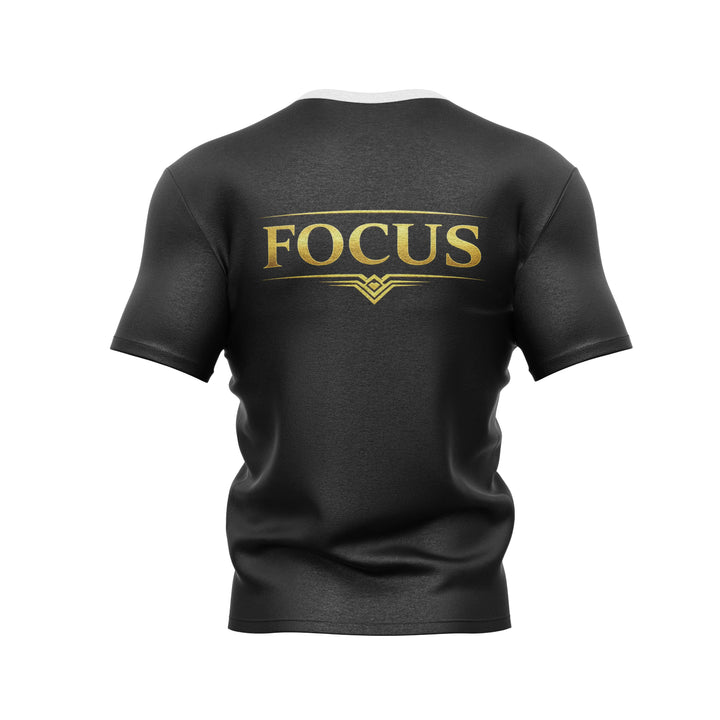 Faj Graphics FOCUS T-Shirt in black, back view with FOCUS print - Faj Graphics Apparel