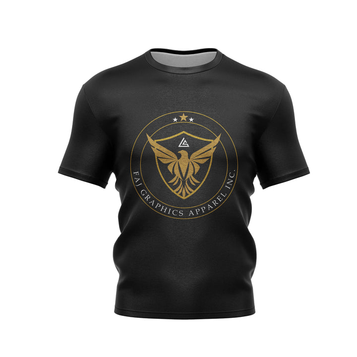 Faj Graphics FOCUS T-Shirt in black, front view with gold eagle crest logo - Faj Graphics Apparel