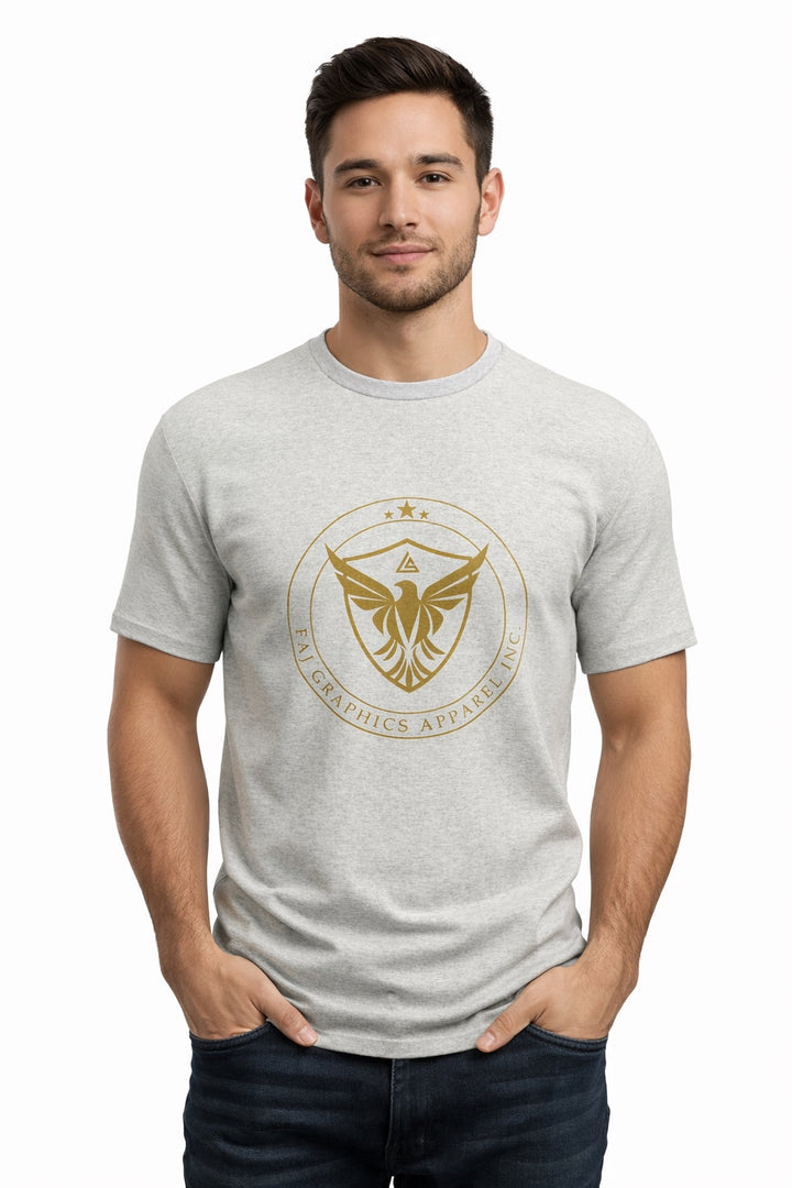 Faj Graphics FOCUS T-Shirt in heather gray, worn by a model, front view with gold eagle crest logo - Faj Graphics Apparel